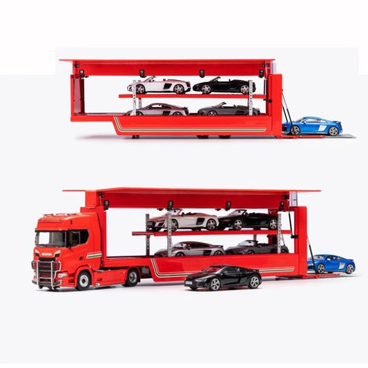 Kengfai 1:64 Flying Wing Enclosed Double Decker Scania S730 Transporter Alloy Car Models