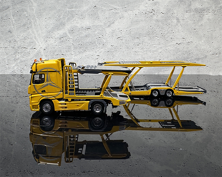 GCD 1:64 Mercedes-Benz Actros Double-deck Transporter Trailer Flatbed White/Yellow Alloy Car Model