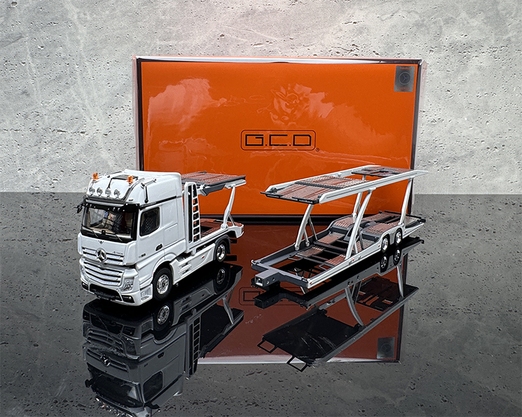 GCD 1:64 Mercedes-Benz Actros Double-deck Transporter Trailer Flatbed White/Yellow Alloy Car Model