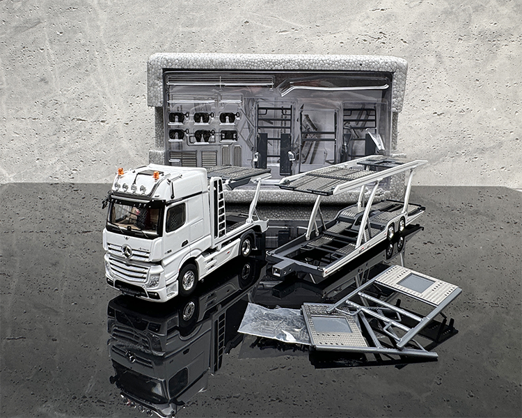 GCD 1:64 Mercedes-Benz Actros Double-deck Transporter Trailer Flatbed White/Yellow Alloy Car Model