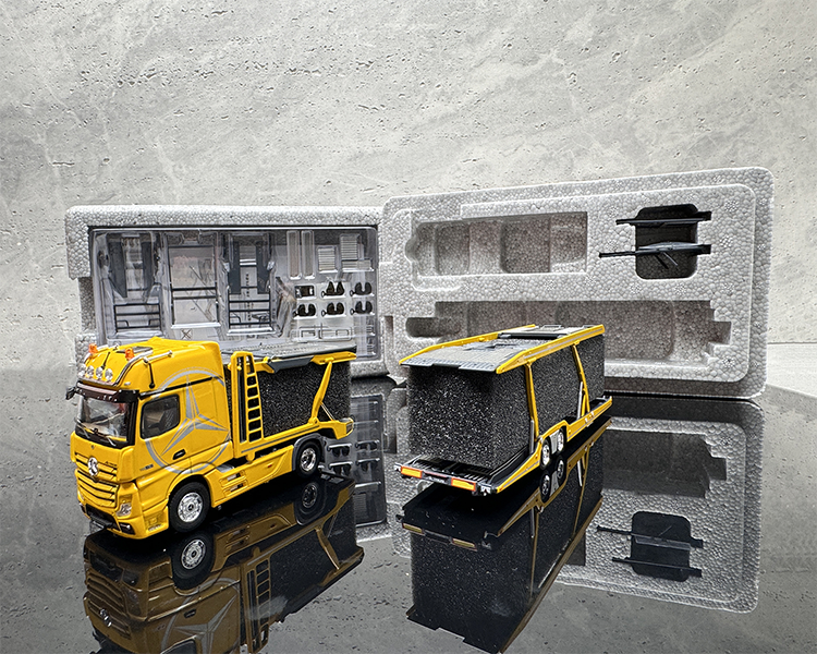 GCD 1:64 Mercedes-Benz Actros Double-deck Transporter Trailer Flatbed White/Yellow Alloy Car Model