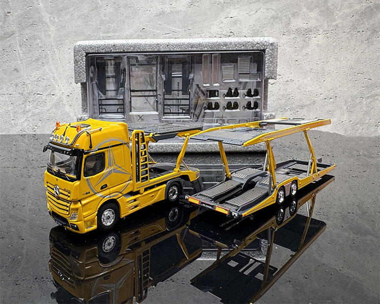 GCD 1:64 Mercedes-Benz Actros Double-deck Transporter Trailer Flatbed White/Yellow Alloy Car Model