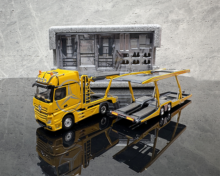 GCD 1:64 Mercedes-Benz Actros Double-deck Transporter Trailer Flatbed White/Yellow Alloy Car Model