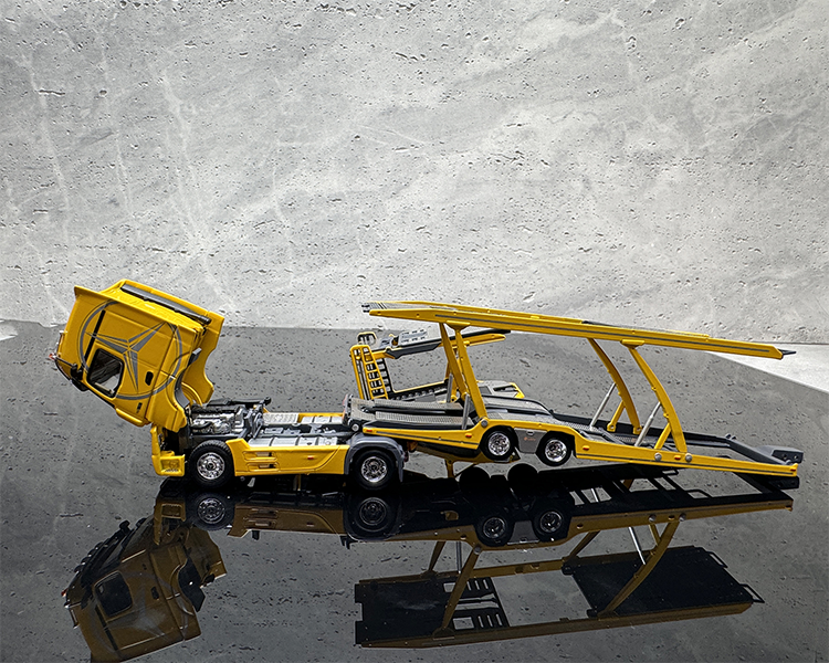 GCD 1:64 Mercedes-Benz Actros Double-deck Transporter Trailer Flatbed White/Yellow Alloy Car Model