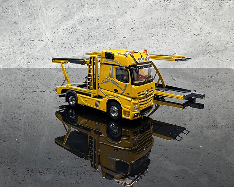 GCD 1:64 Mercedes-Benz Actros Double-deck Transporter Trailer Flatbed White/Yellow Alloy Car Model