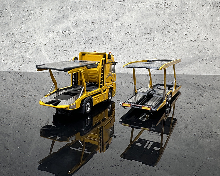 GCD 1:64 Mercedes-Benz Actros Double-deck Transporter Trailer Flatbed White/Yellow Alloy Car Model