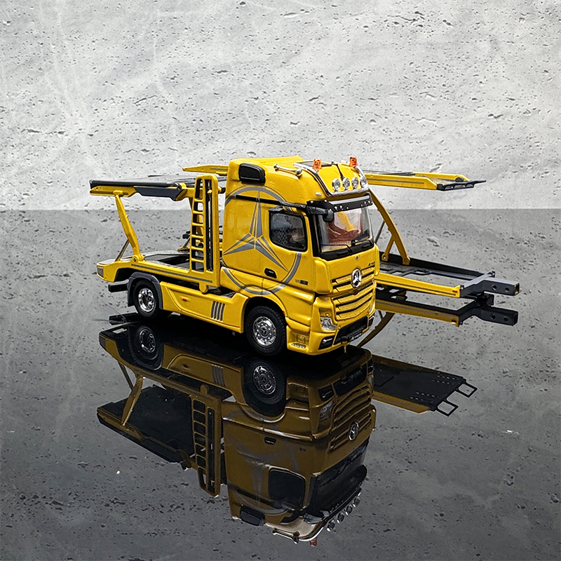 GCD 1:64 Mercedes-Benz Actros Double-deck Transporter Trailer Flatbed White/Yellow Alloy Car Model