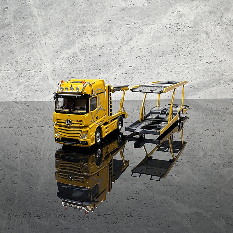 GCD 1:64 Mercedes-Benz Actros Double-deck Transporter Trailer Flatbed White/Yellow Alloy Car Model