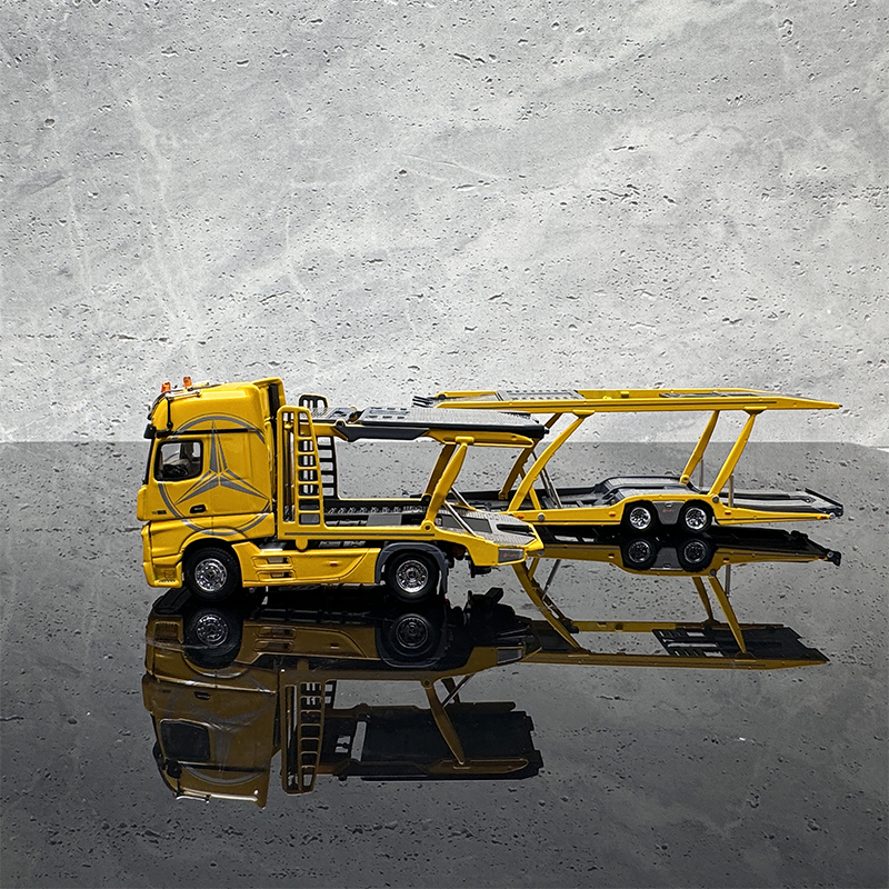 GCD 1:64 Mercedes-Benz Actros Double-deck Transporter Trailer Flatbed White/Yellow Alloy Car Model