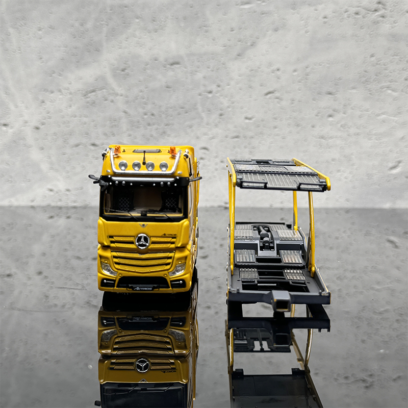 GCD 1:64 Mercedes-Benz Actros Double-deck Transporter Trailer Flatbed White/Yellow Alloy Car Model