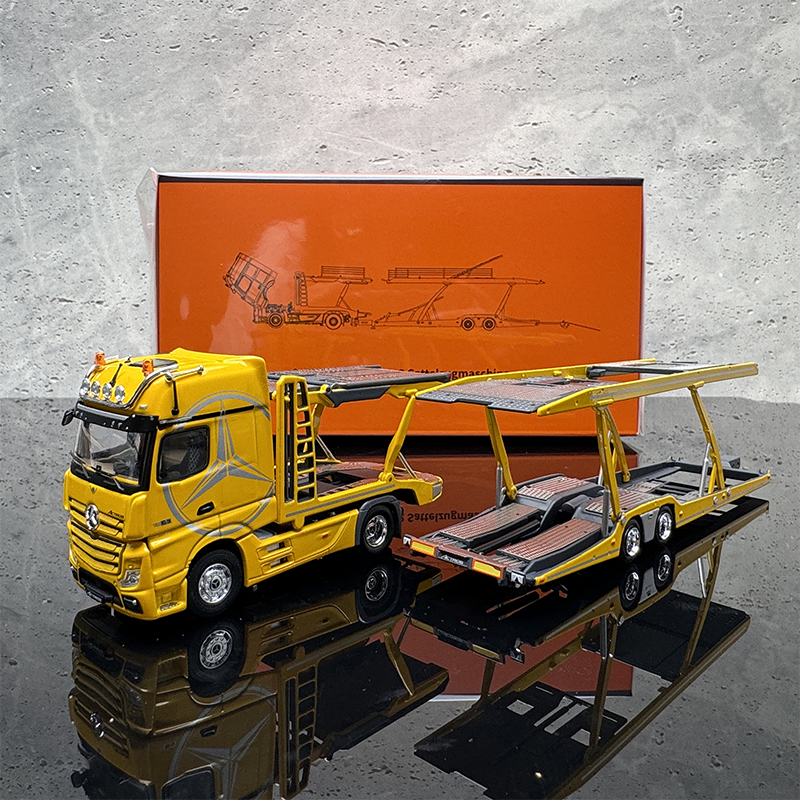 GCD 1:64 Mercedes-Benz Actros Double-deck Transporter Trailer Flatbed White/Yellow Alloy Car Model